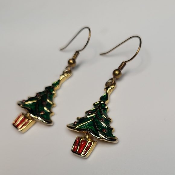 Enameled Christmas Tree Dangle Earrings - Picture 4 of 7